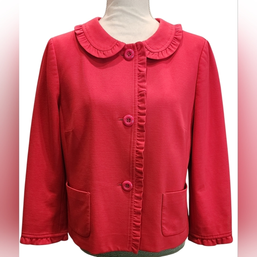 Talbots Dark Pink Ponte Ruffle Button Front Dress Jacket Women's 8